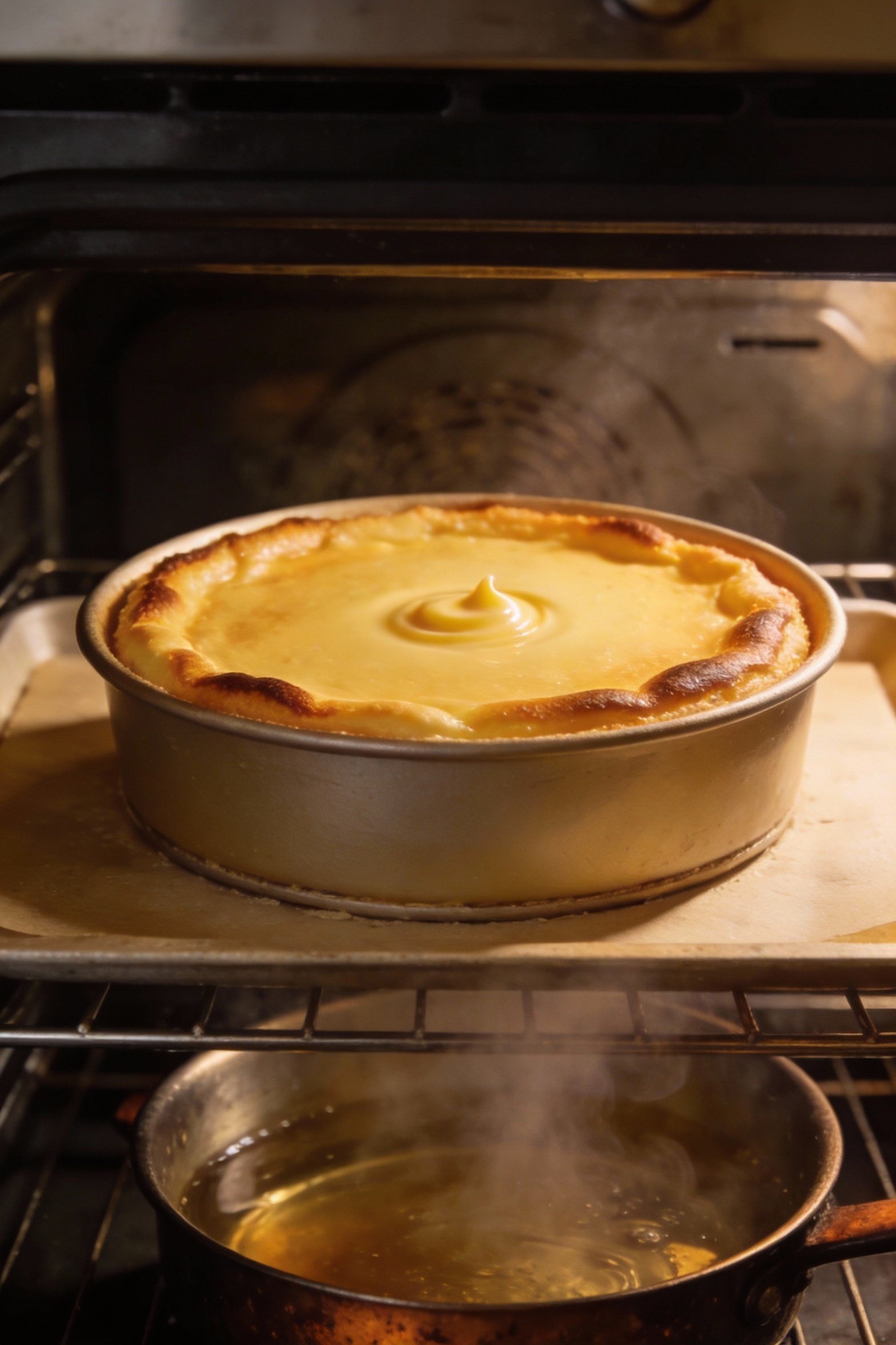 Cooking process shot inside the oven: custard cake baking with a golden, confident top and a slight jiggle in the center