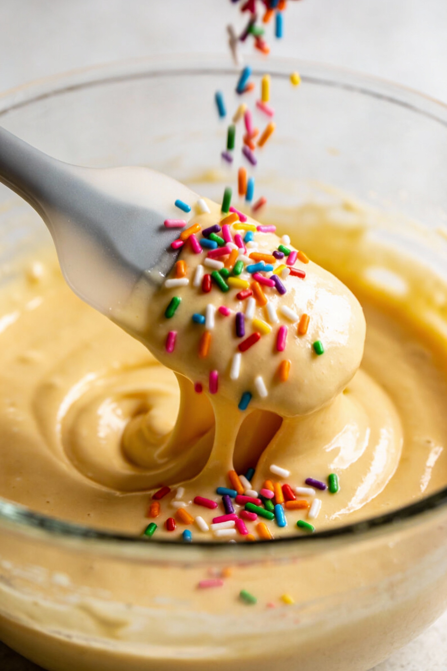 3. Cooking process: glossy, thicker-than-usual vanilla cake batter being folded with rainbow sprinkles in a clear glass 