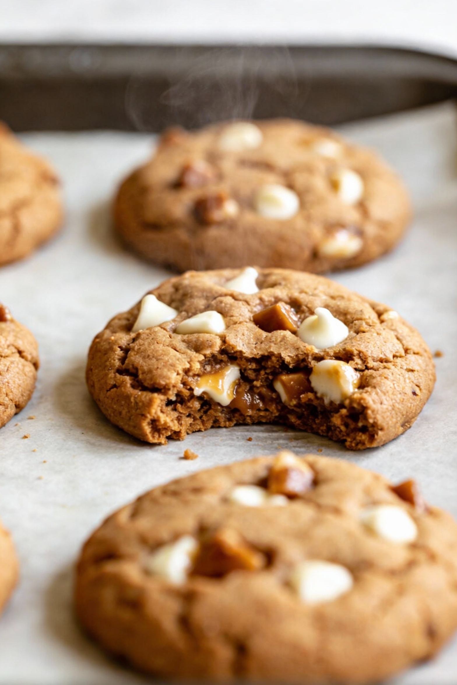Cooking process: spice cake mix cookies on a parchment-lined baking sheet just out of the oven, slightly crinkled tops w