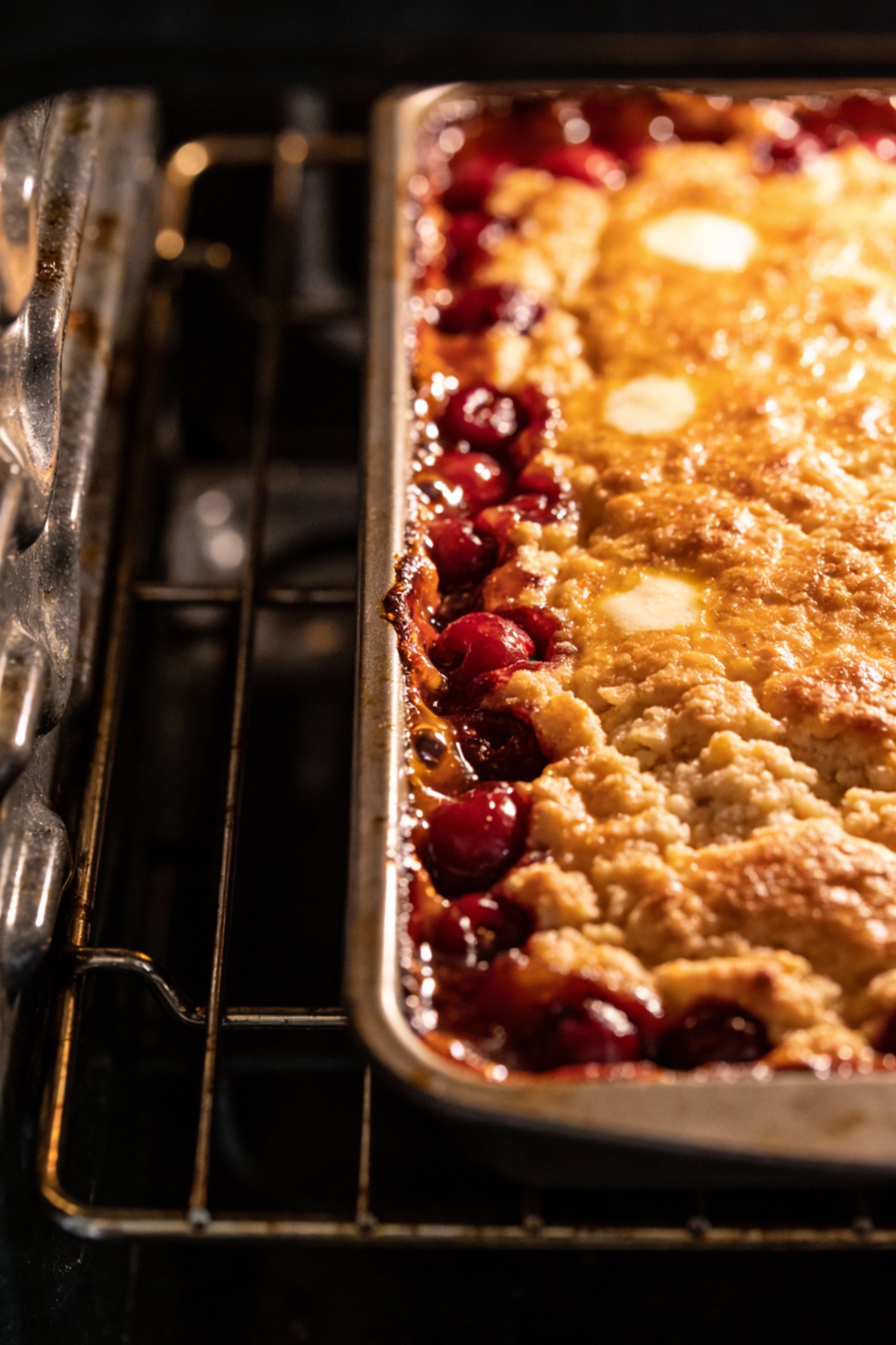 Cooking process: cherry dump cake mid-bake in the oven with the dish pulled halfway out, edges actively bubbling and car