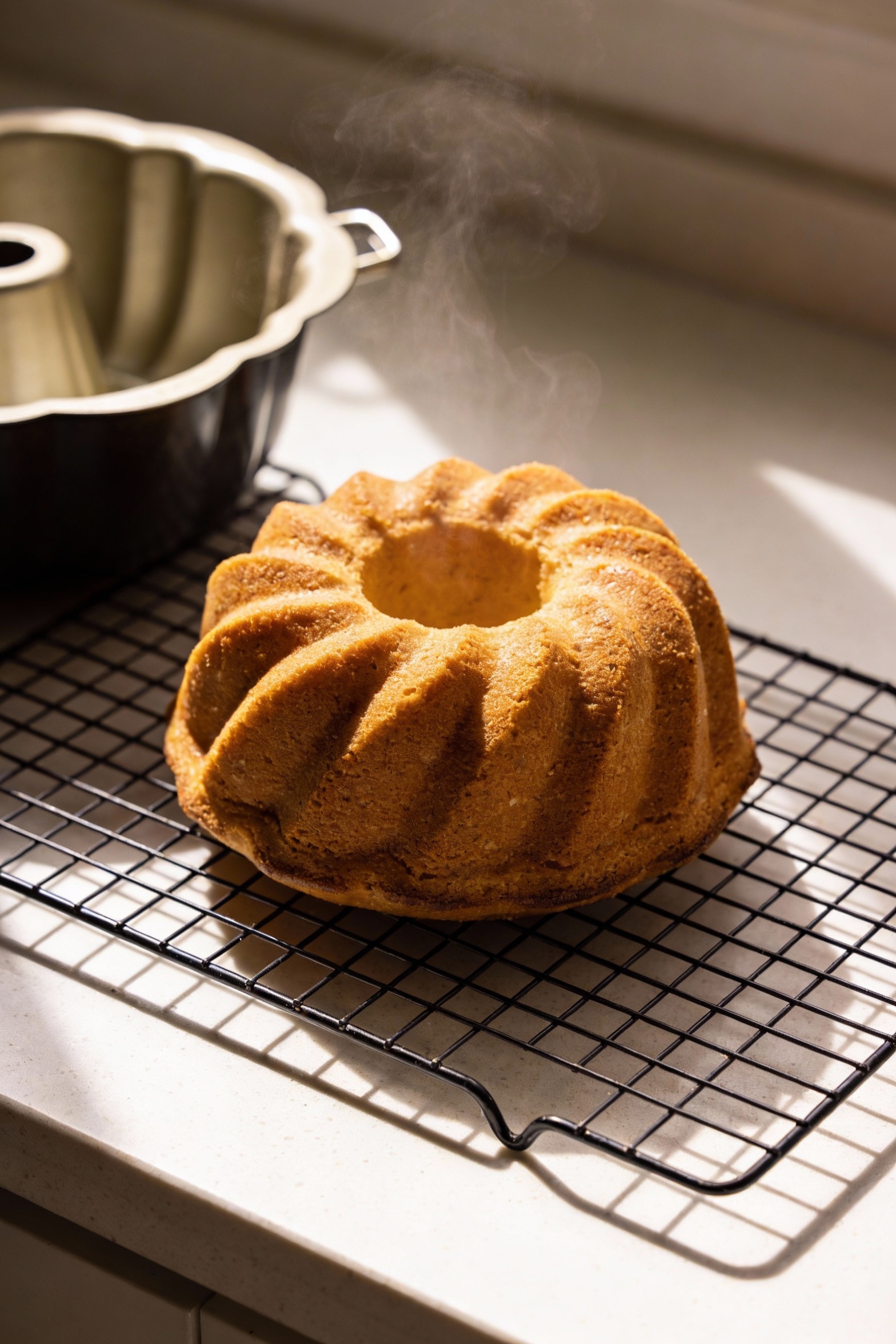 Bundt cake just released from the pan and resting on a cooling rack, defined ridges intact with a few wisps of steam, pa