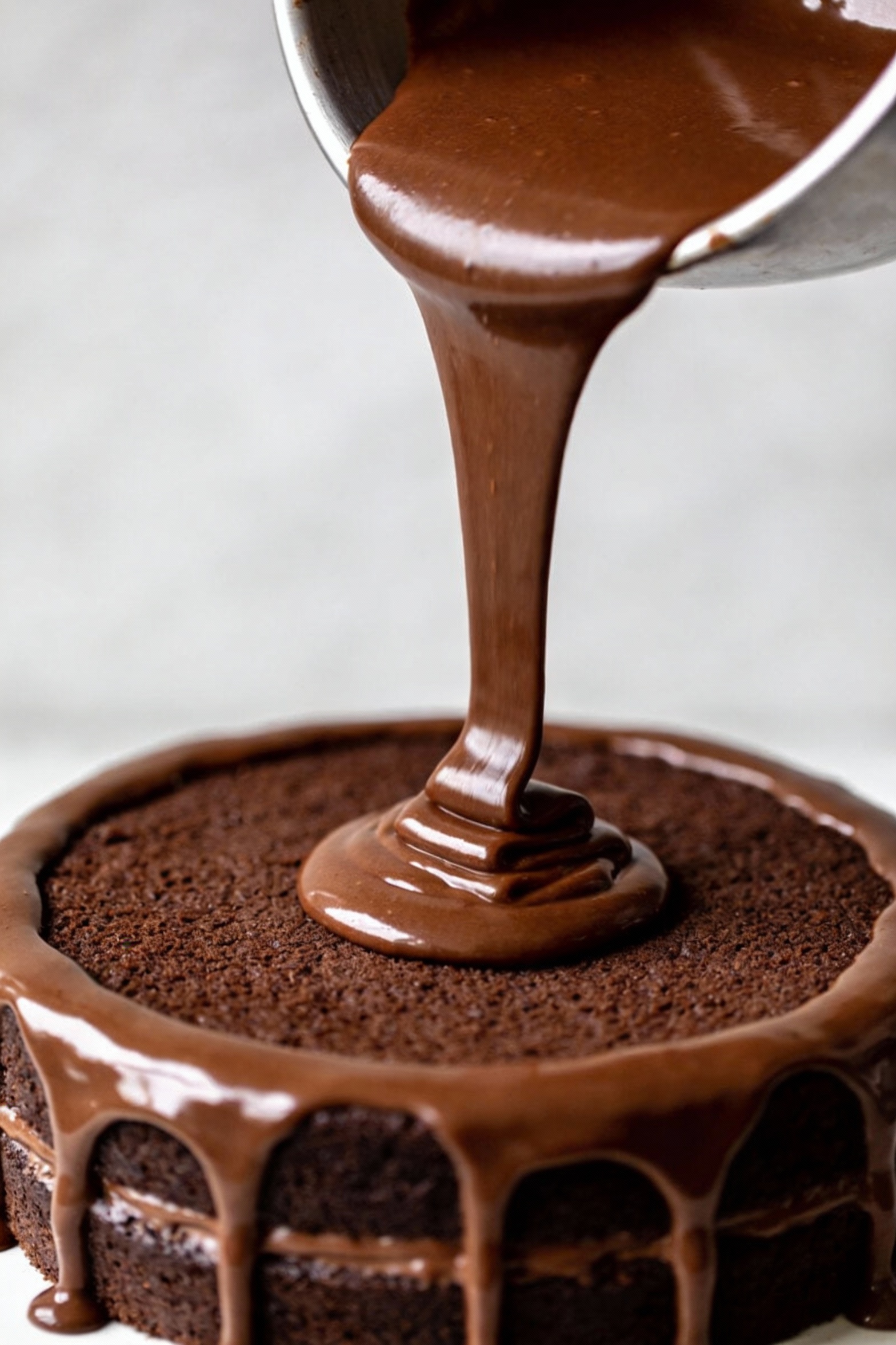 3. Cooking process: warm chocolate ganache being poured in a smooth ribbon over the center of a cooled chocolate layer c