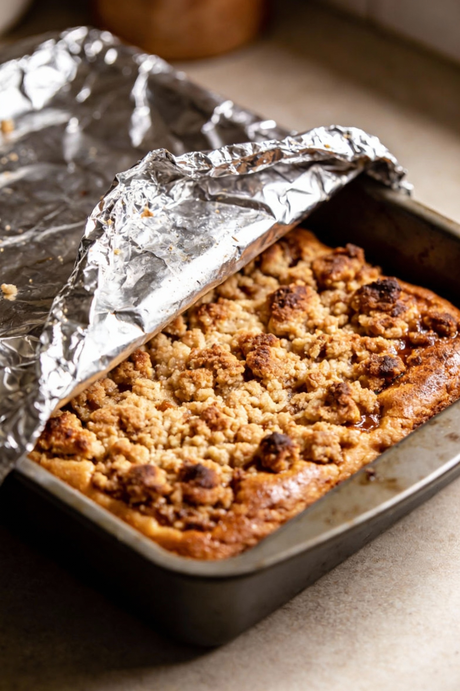 3. Cooking process: freshly baked coffee cake in the pan being loosely tented with foil during the last minutes of bakin