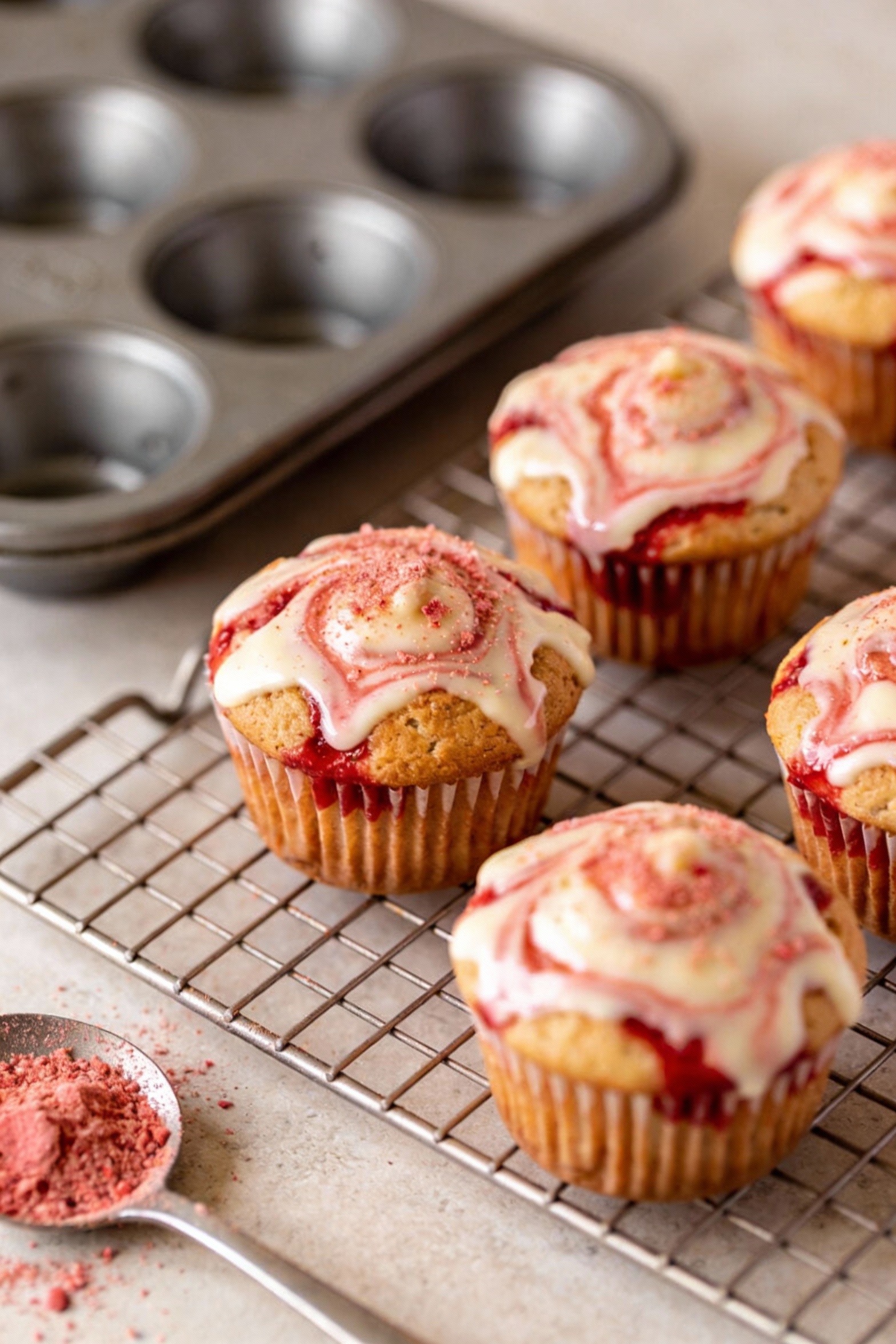 3. Strawberry cupcakes with cream cheese swirl baked and cooled on a wire rack, glossy cream cheese marbling visible on 