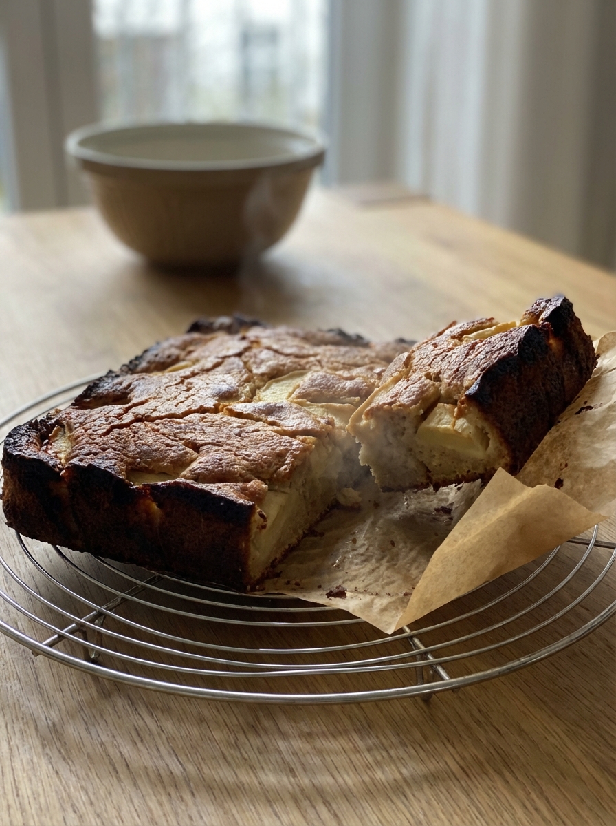 3. Apple cake cooling on a wire rack, one corner lifted out by parchment like a neat square, steam barely visible, crisp
