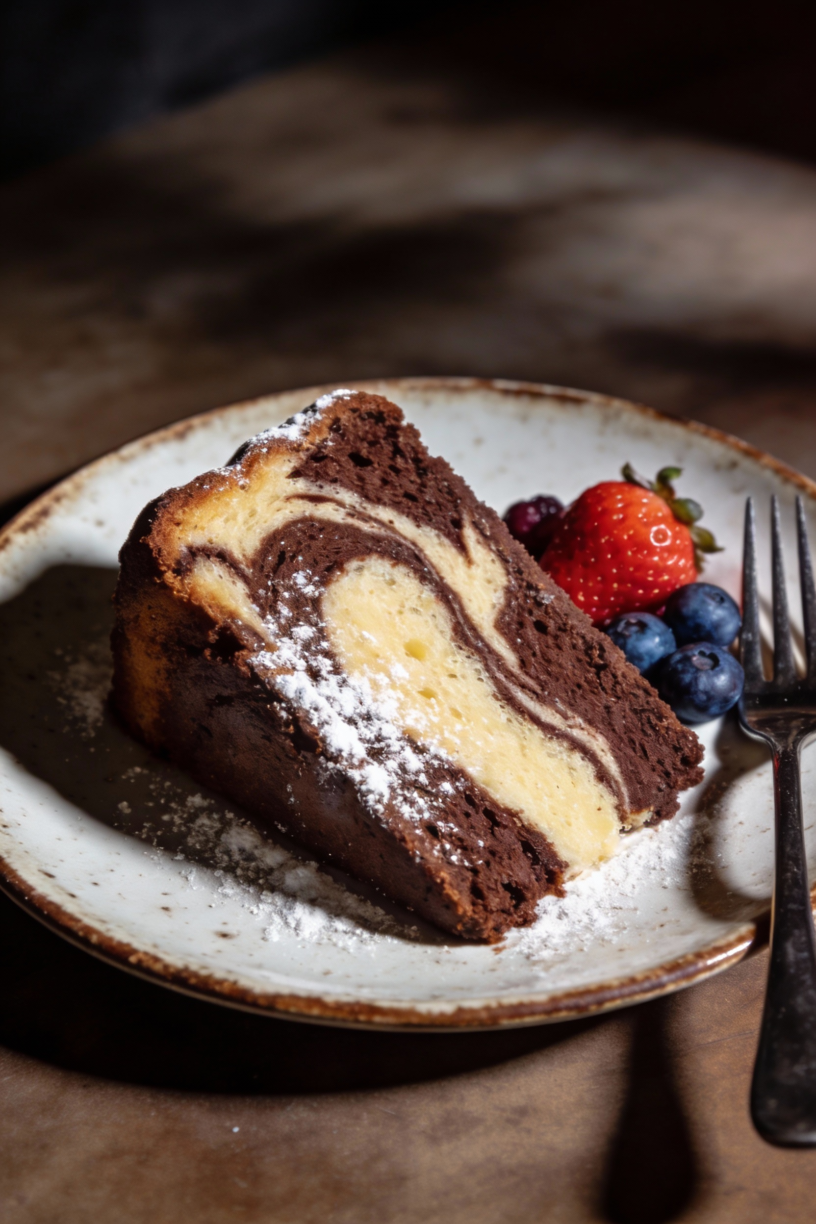 Final plated dish: a neat slice of chocolate-vanilla marble cake on a ceramic dessert plate, distinct cocoa swirls in th
