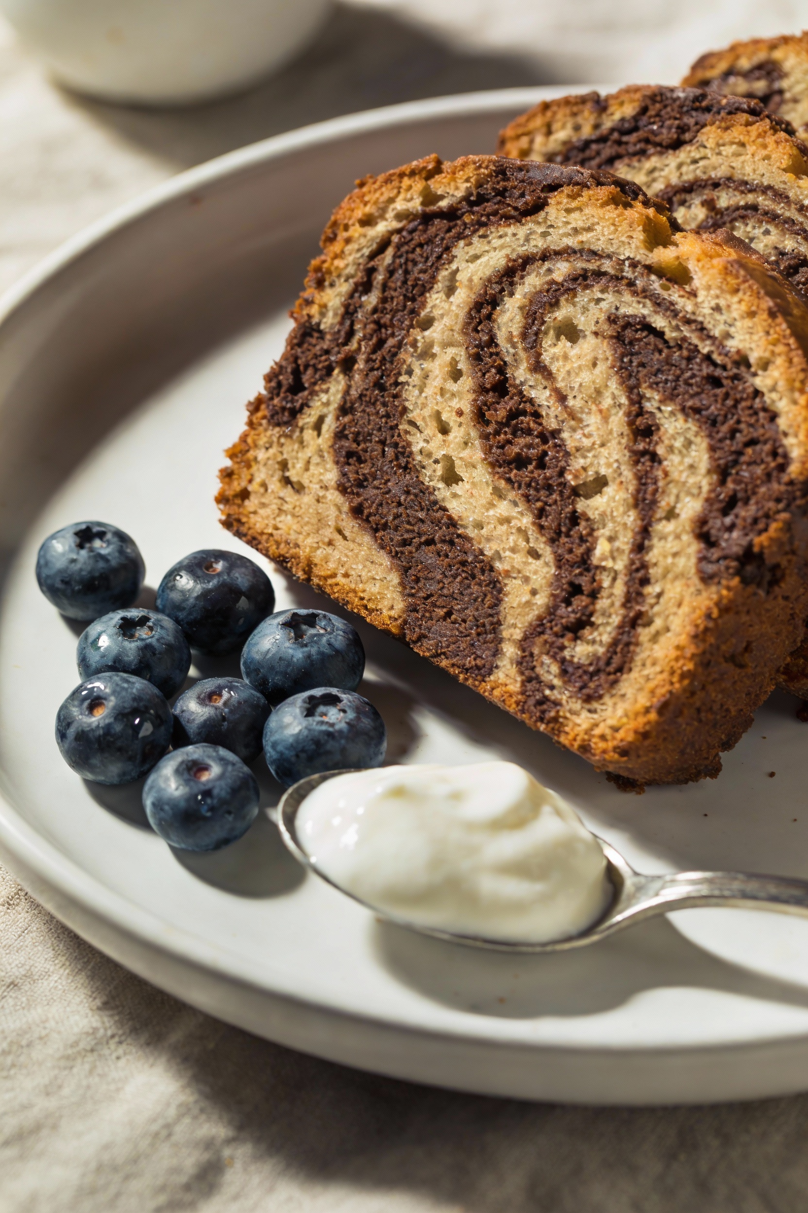 4. Final dish presentation: chocolate marble pound cake slices plated on a white ceramic plate with visible cocoa swirls
