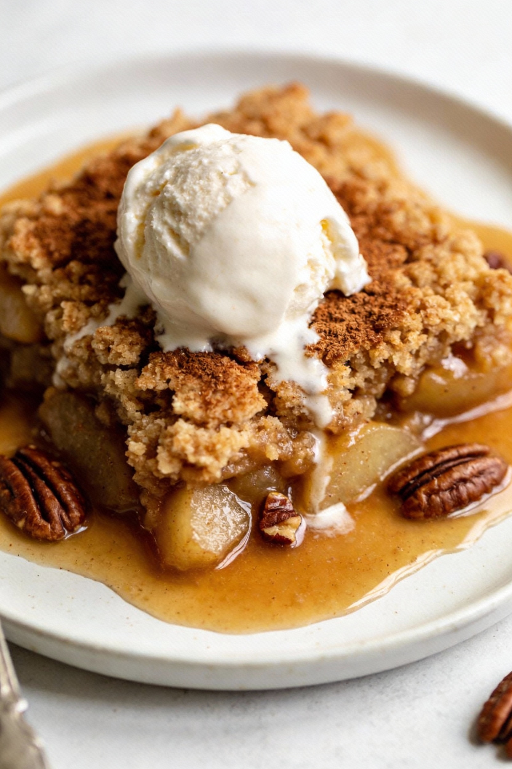 Final plated presentation of apple spice dump cake served warm with a scoop of vanilla ice cream melting into the crisp 