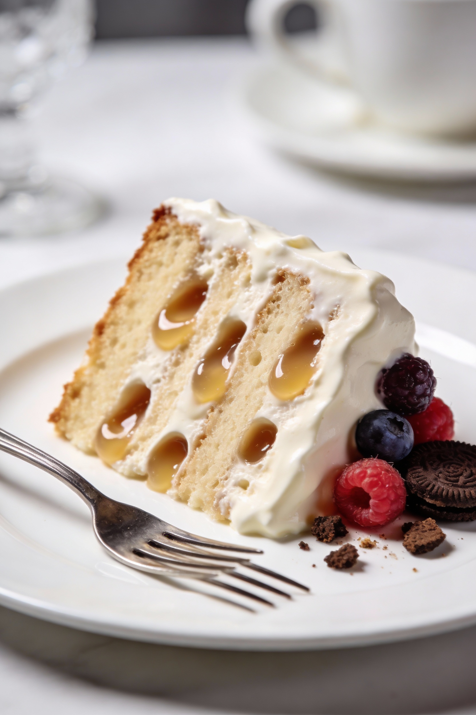 4. Final plated dessert: a clean slice of chilled poke cake on a white plate showing visible pudding-filled channels and