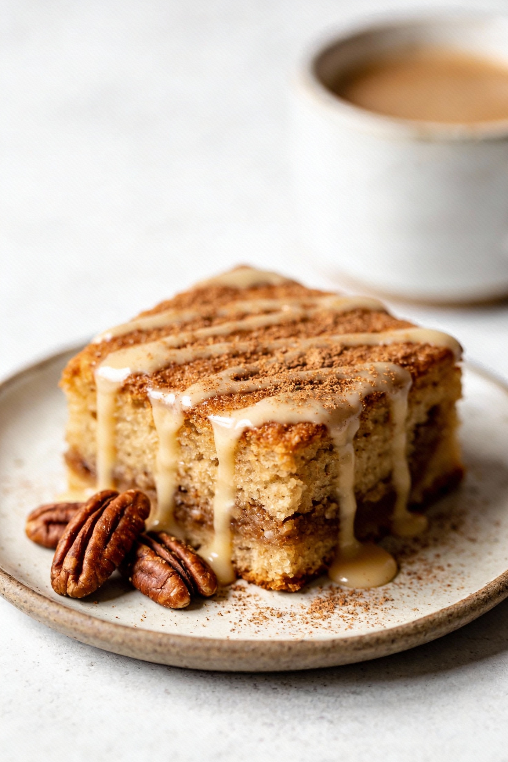 4. Final plated serving: a neat square of coffee cake drizzled with vanilla glaze on a simple ceramic plate, dusting of 