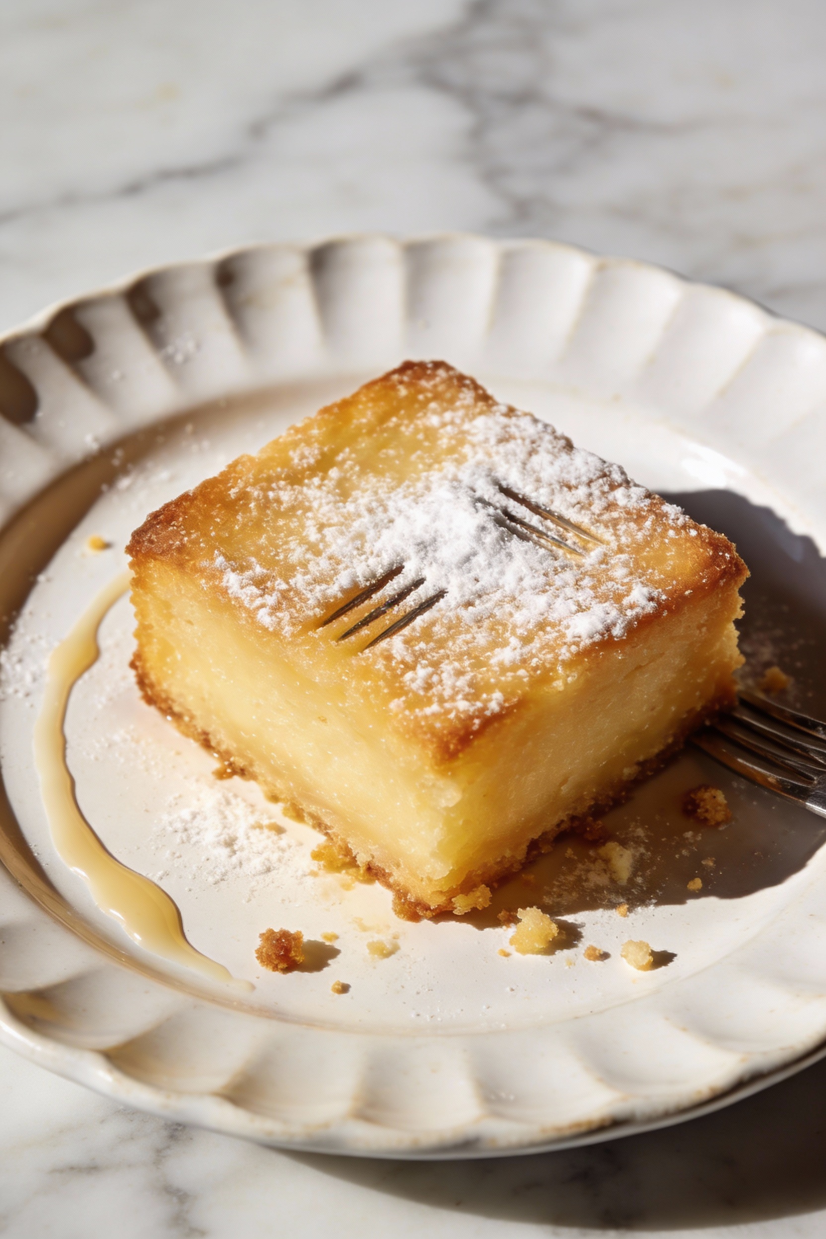 4. Final dish presentation: single plated warm vanilla cake square with a light dusting of powdered sugar, small fork ma