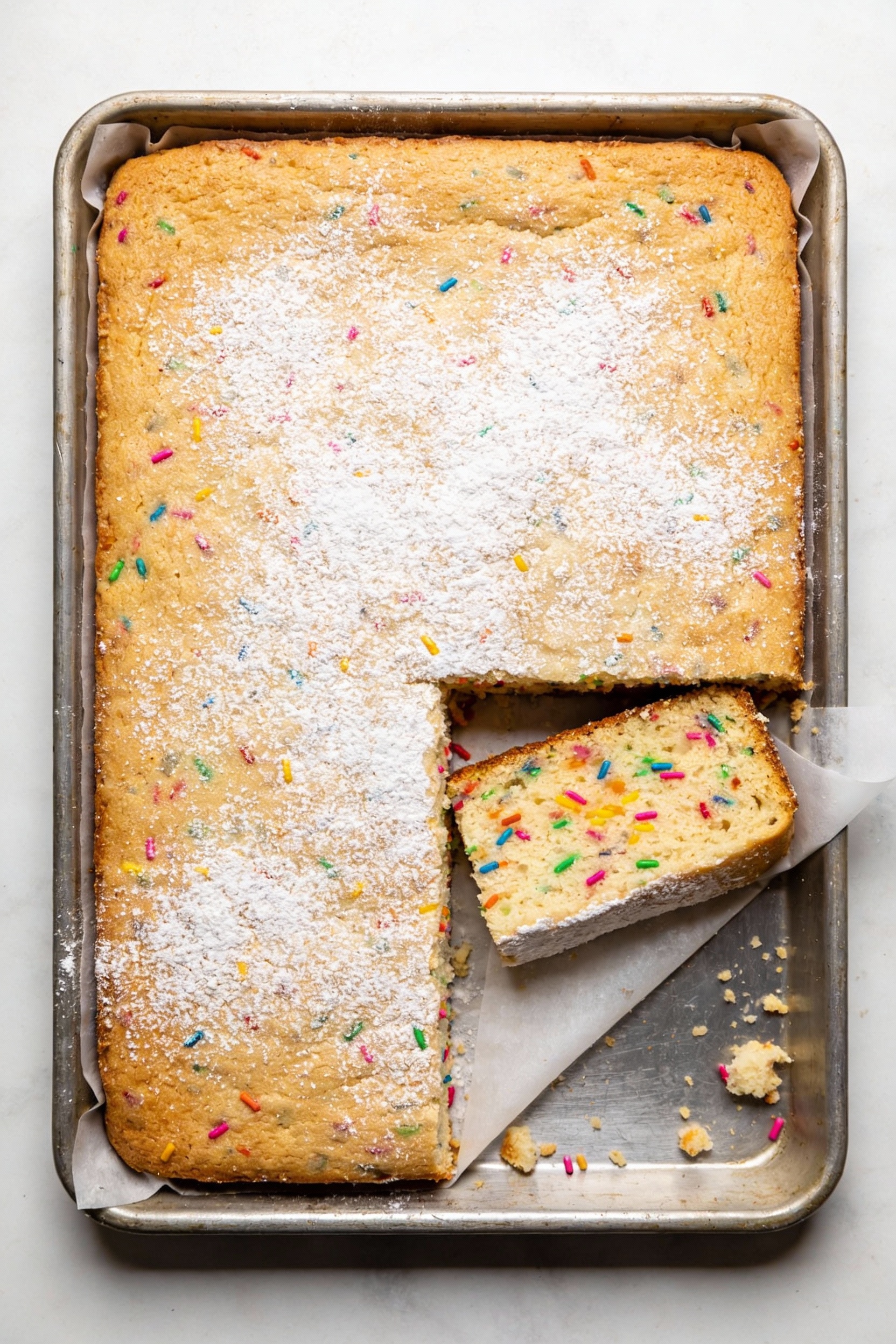Overhead shot of funfetti sheet cake in a 9x13 pan, level golden surface lightly dusted with powdered sugar, one corner 