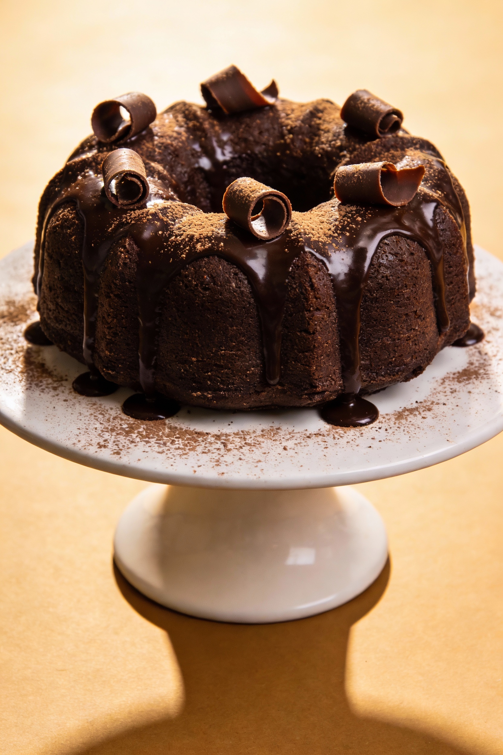 Beautifully presented chocolate espresso Bundt cake on a pedestal stand with a glossy dark chocolate ganache drip, deep 