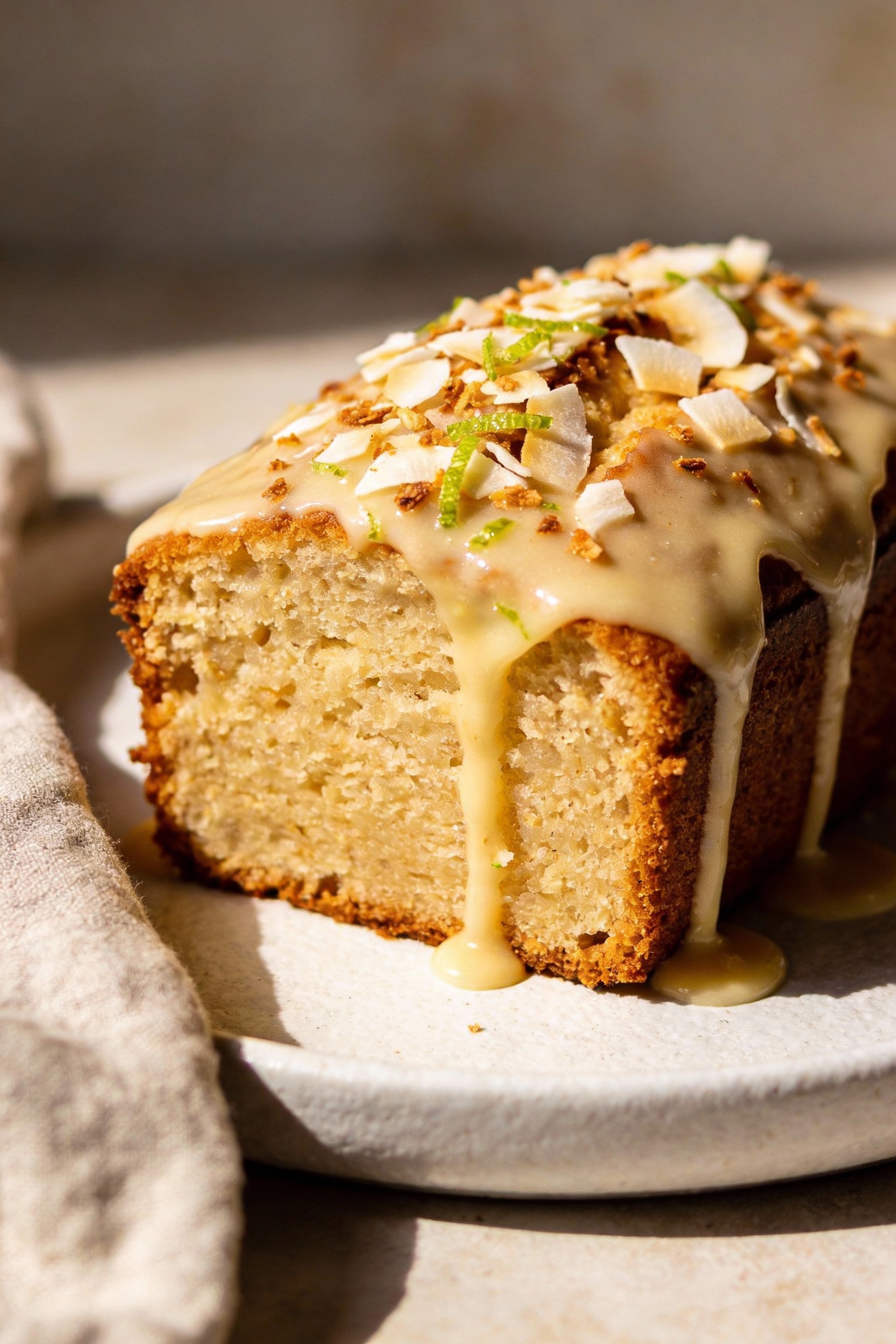 Final dish: Beautifully plated coconut lime loaf slice with vanilla glaze, toasted coconut and lime zest garnish on a ma
