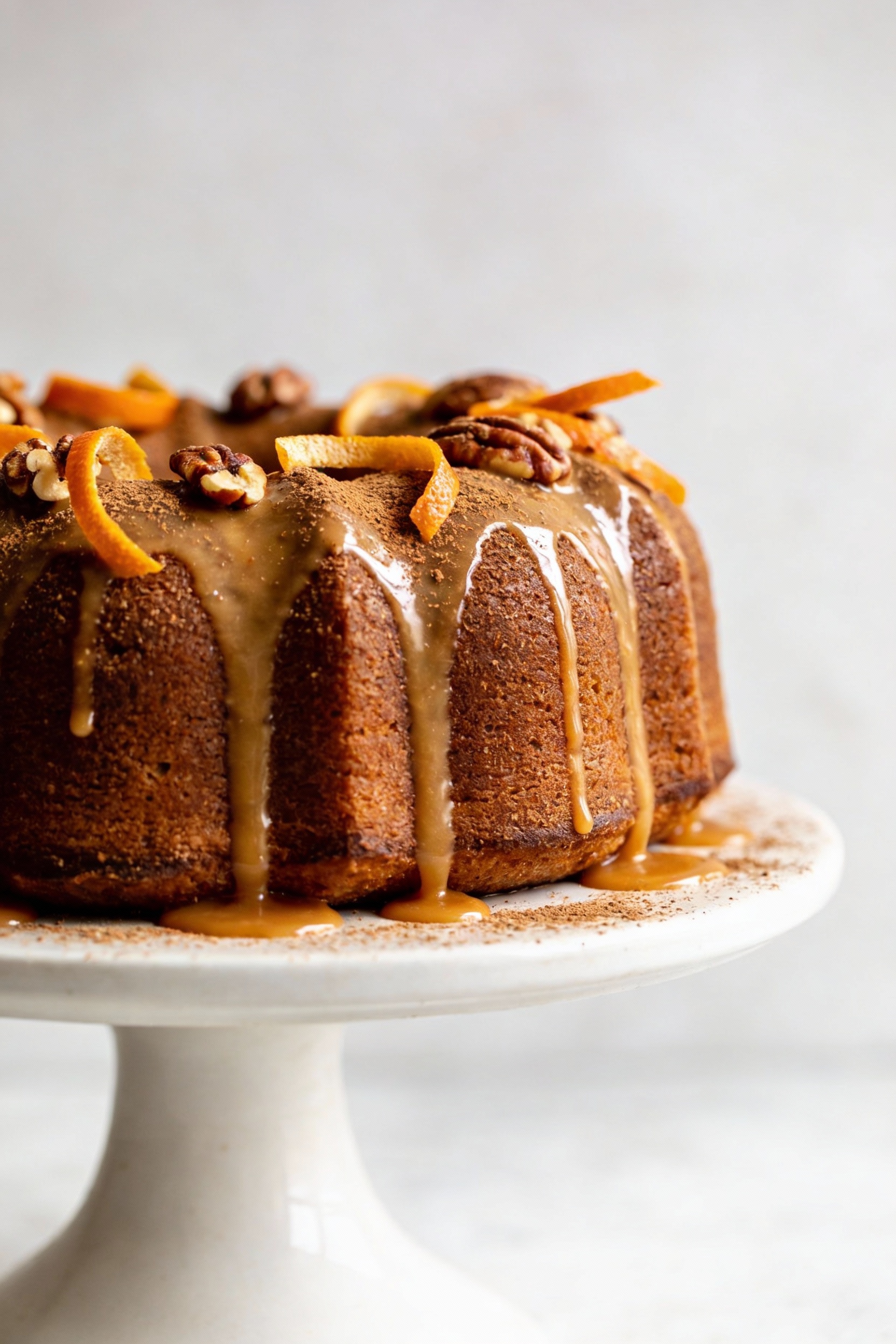 Final presentation: bundt spice cake glazed with maple frosting drizzle, gleaming ridges, dusting of cinnamon, orange ze