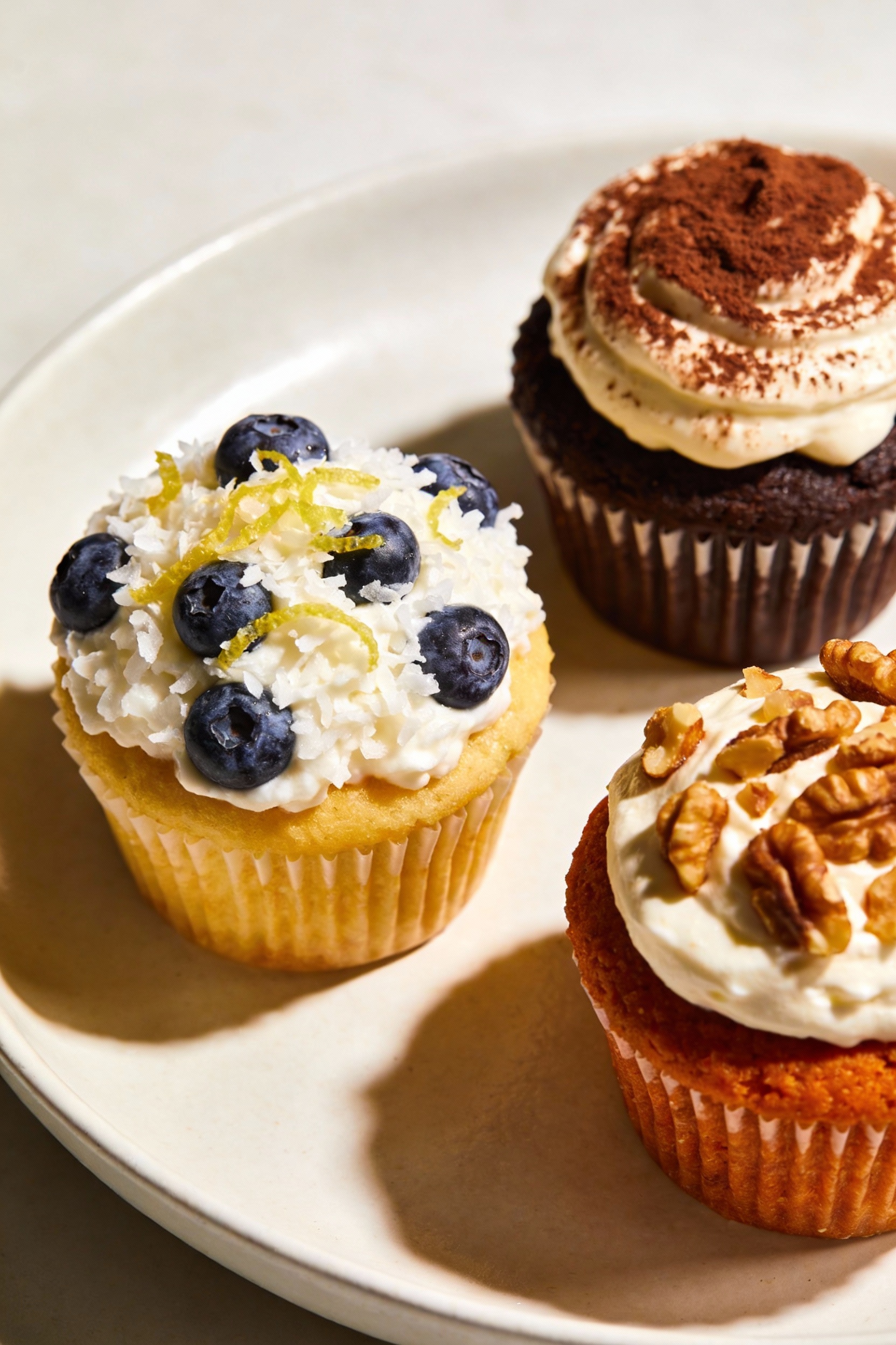 4. Final presentation: Trio of cupcakes from the base batter—chocolate zucchini with cocoa-dusted Greek yogurt frosting,