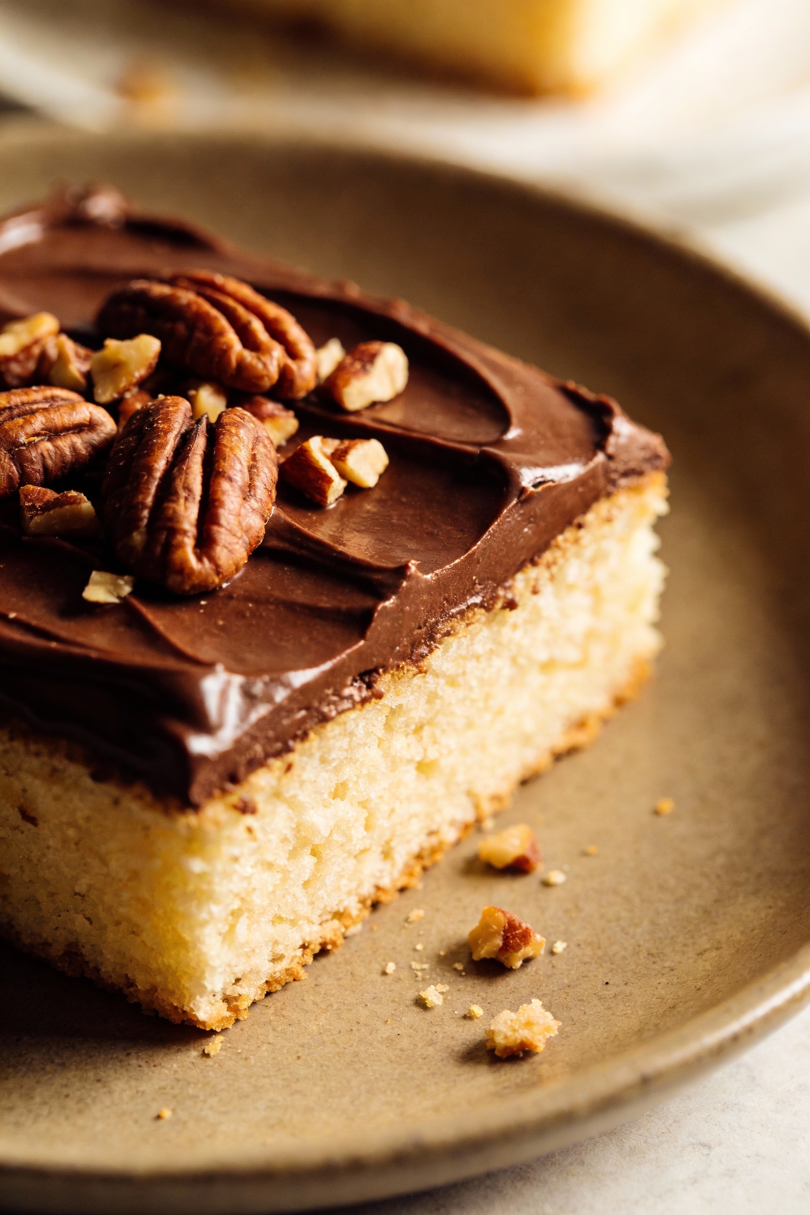 Beautifully plated slice of vanilla sheet cake with chocolate fudge frosting; velvety moist crumb, clean edges, chopped 