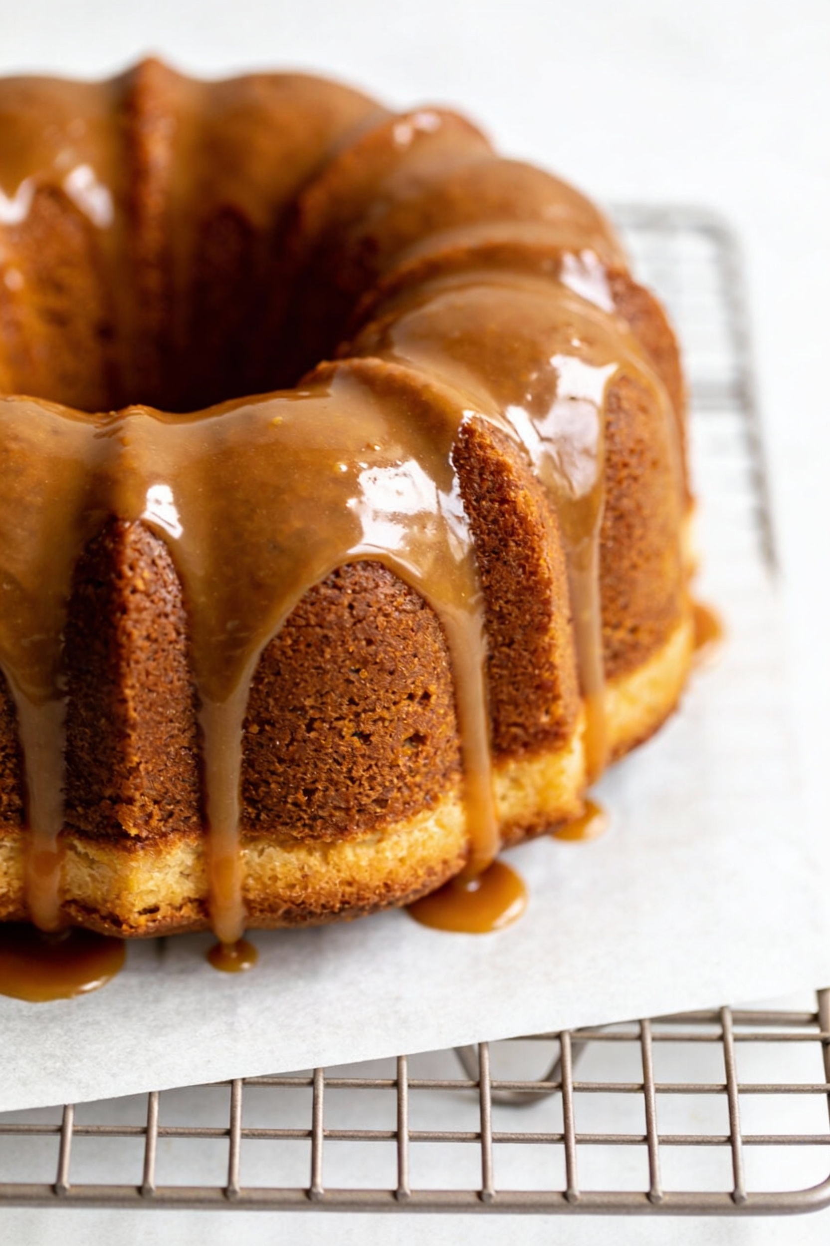 Bundt pumpkin cake finished with glossy maple glaze cascading over ridges, golden-brown edges, set on a wire rack with p