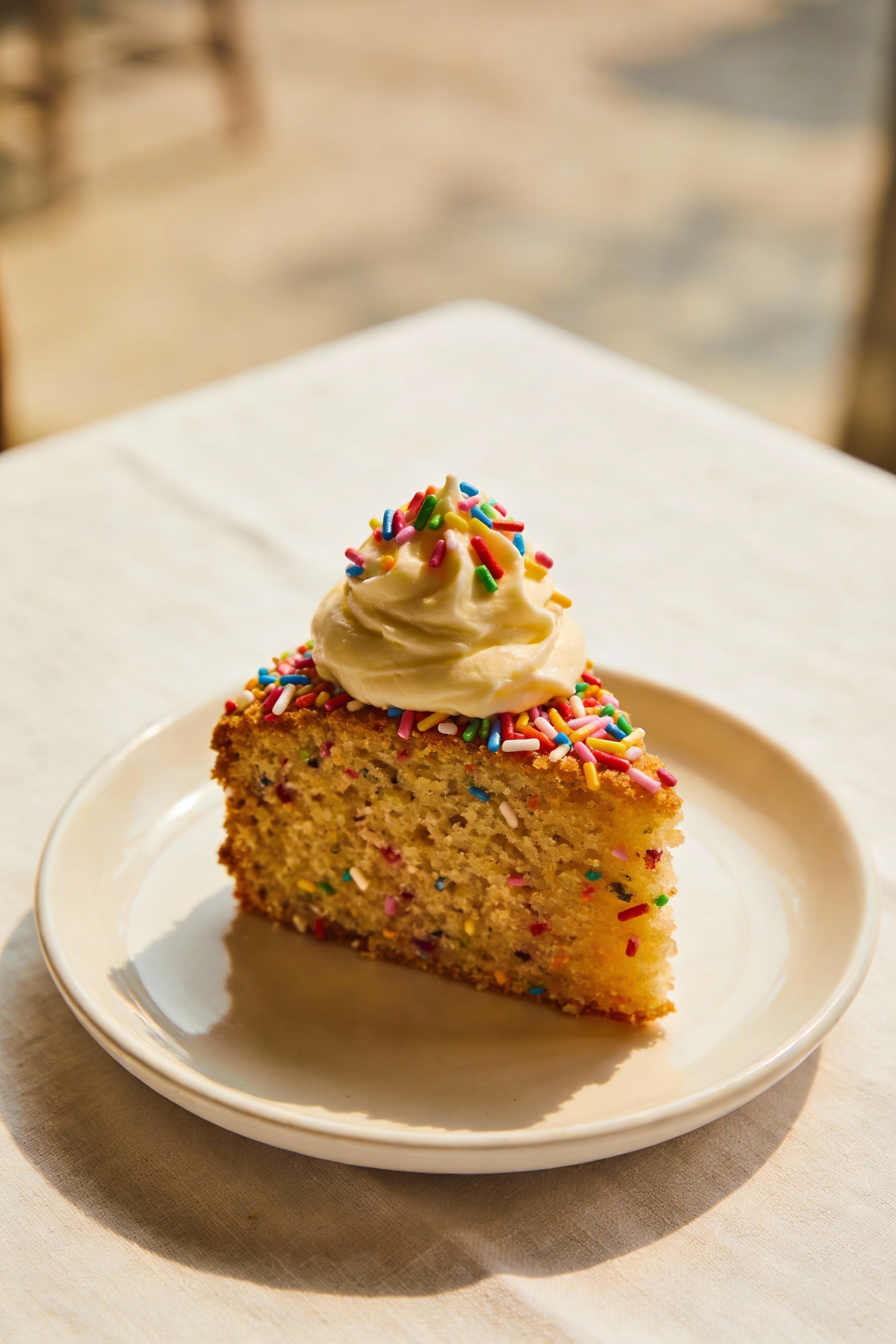 Beautifully plated Birthday Sprinkle slice with jimmies visible throughout the crumb, topped with a smooth vanilla butte