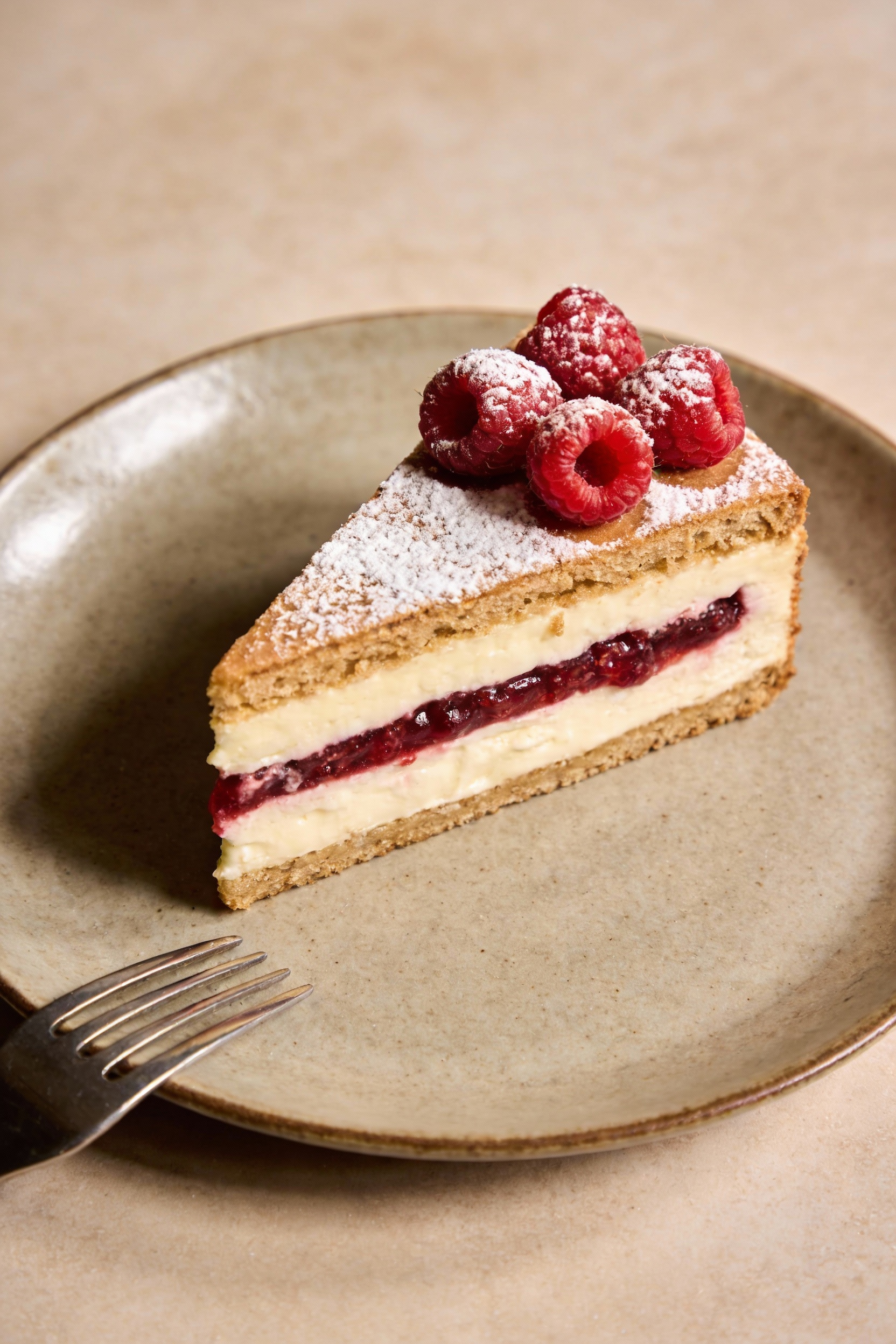 Final plated dessert: single cake slice with cream cheese filling and a jam-and-cream layer, tidy layers visible and sta