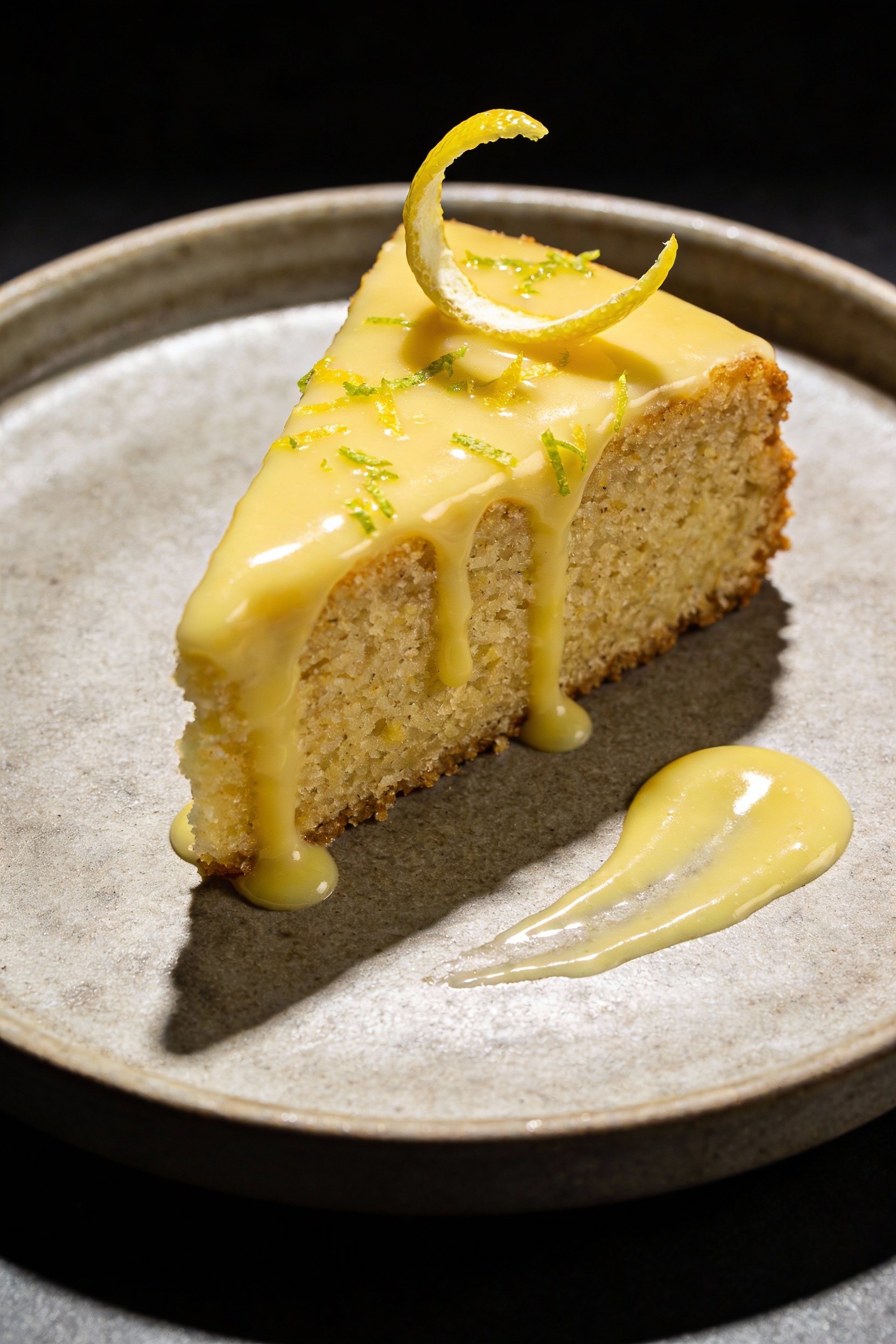 Final plated dish: glossy lemon gluten-free cake slice with a thin lemon glaze drip, fresh lemon zest scattered on top, 