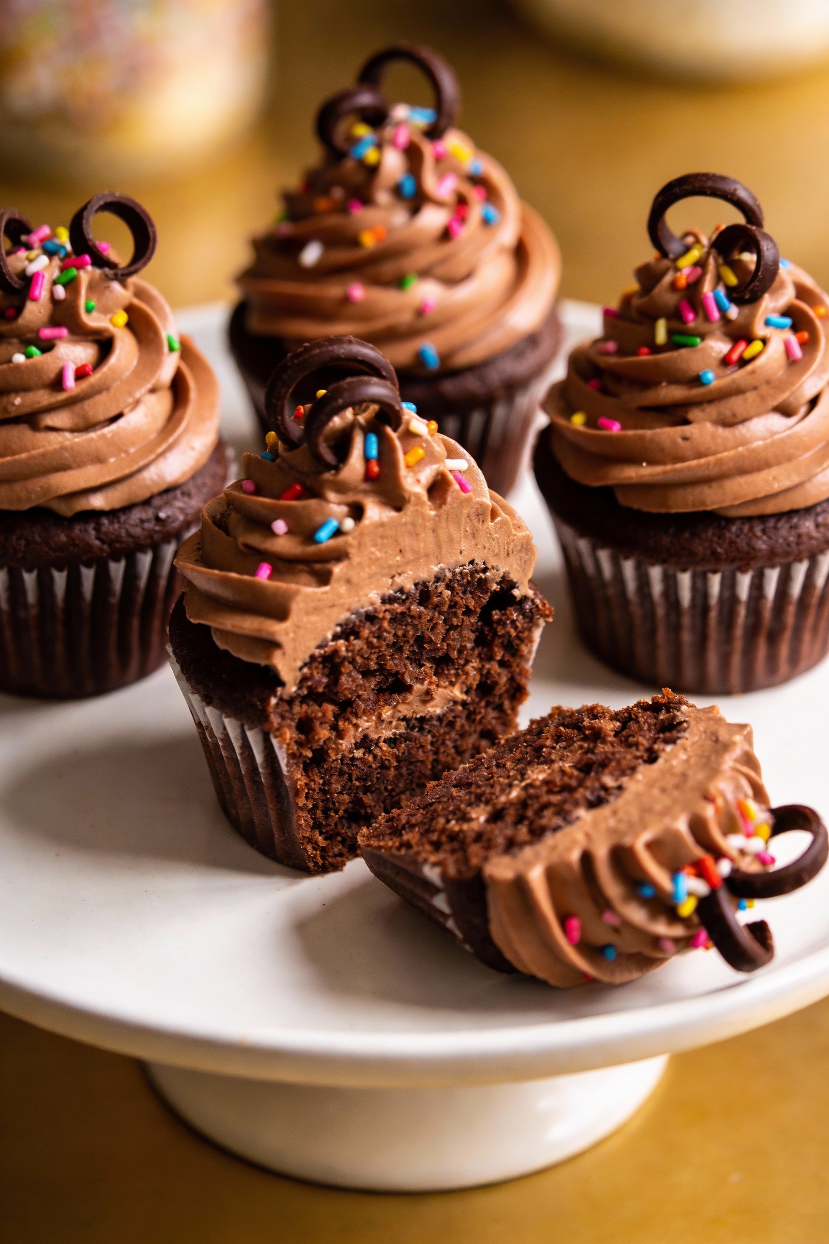 Final plated dish: party chocolate cupcakes with tall swirls of chocolate buttercream, topped with sprinkles and a few d