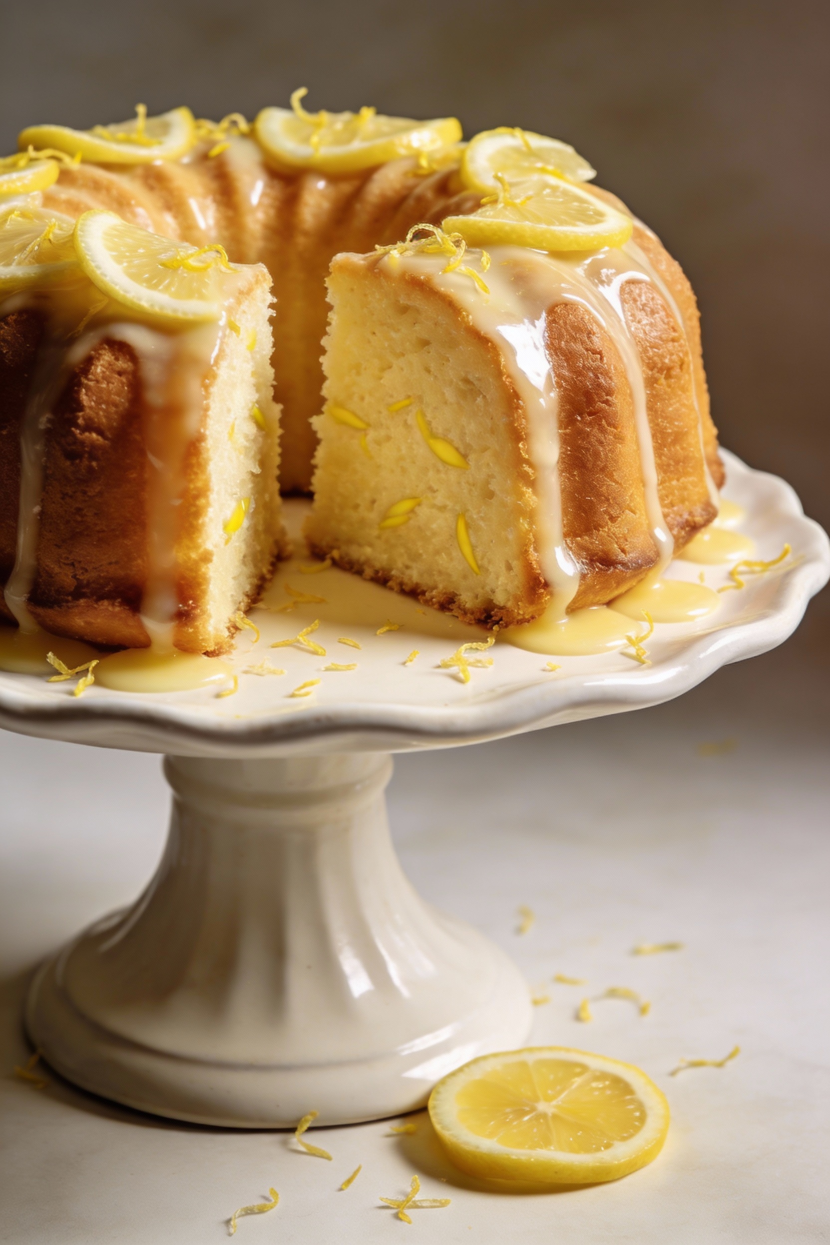 Beautifully plated lemon bundt cake with glaze cascading down the ridges like a bakery display, sliced wedge revealing t