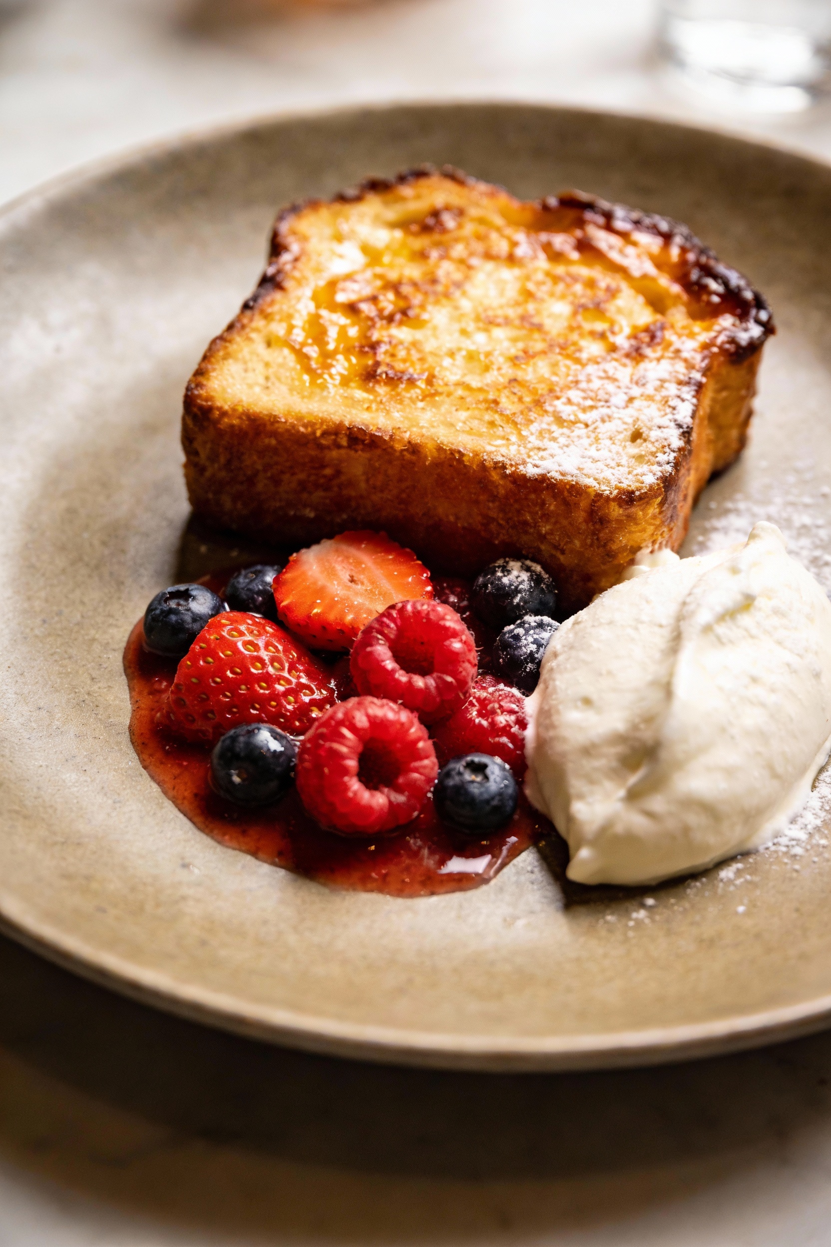 Final plated dish: toasted pound cake slice with caramelized golden edges served with macerated berries and a quenelle o