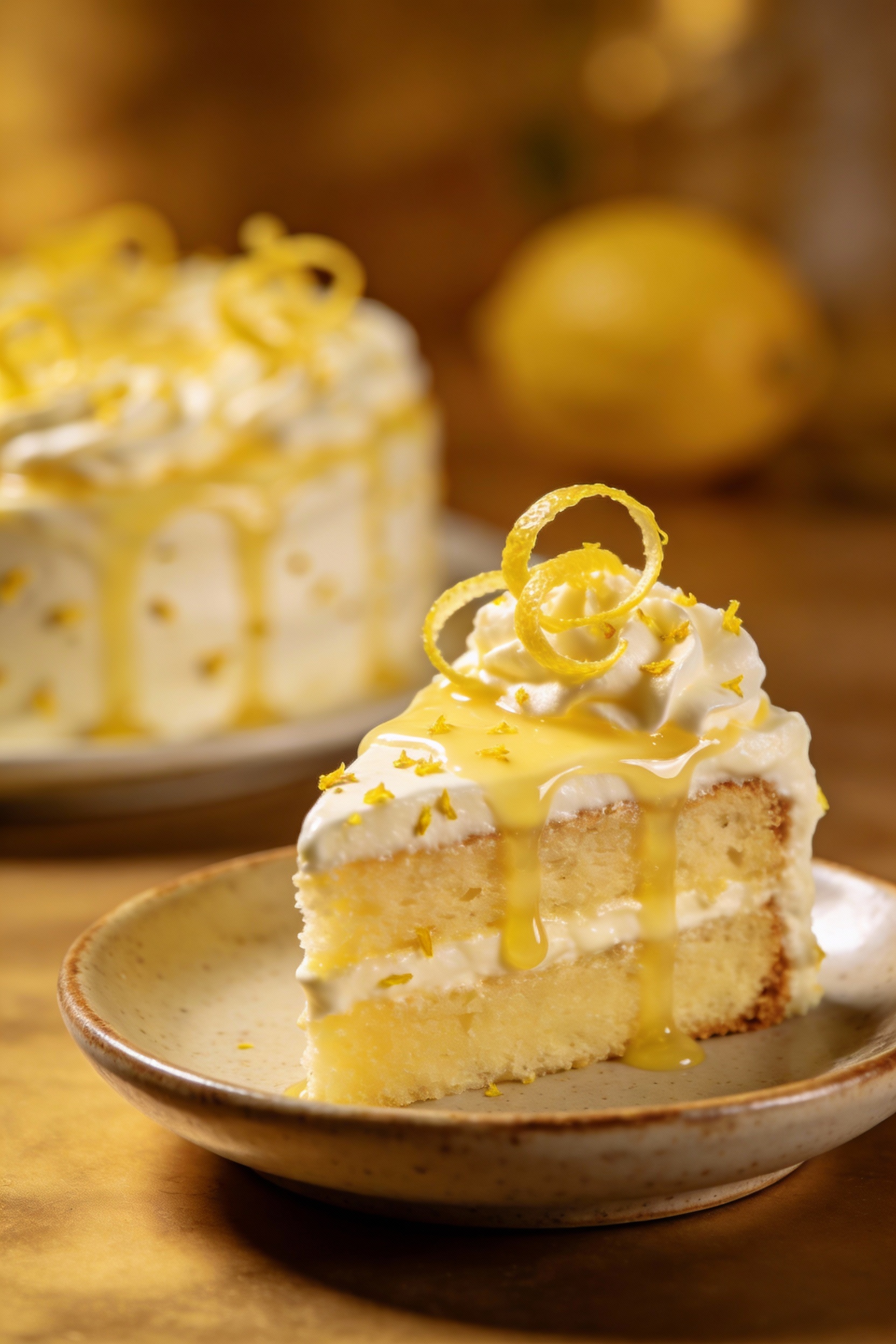 Final presentation of a lemon celebration cake variation: slice plated on a small ceramic dessert plate with lemon-zest-