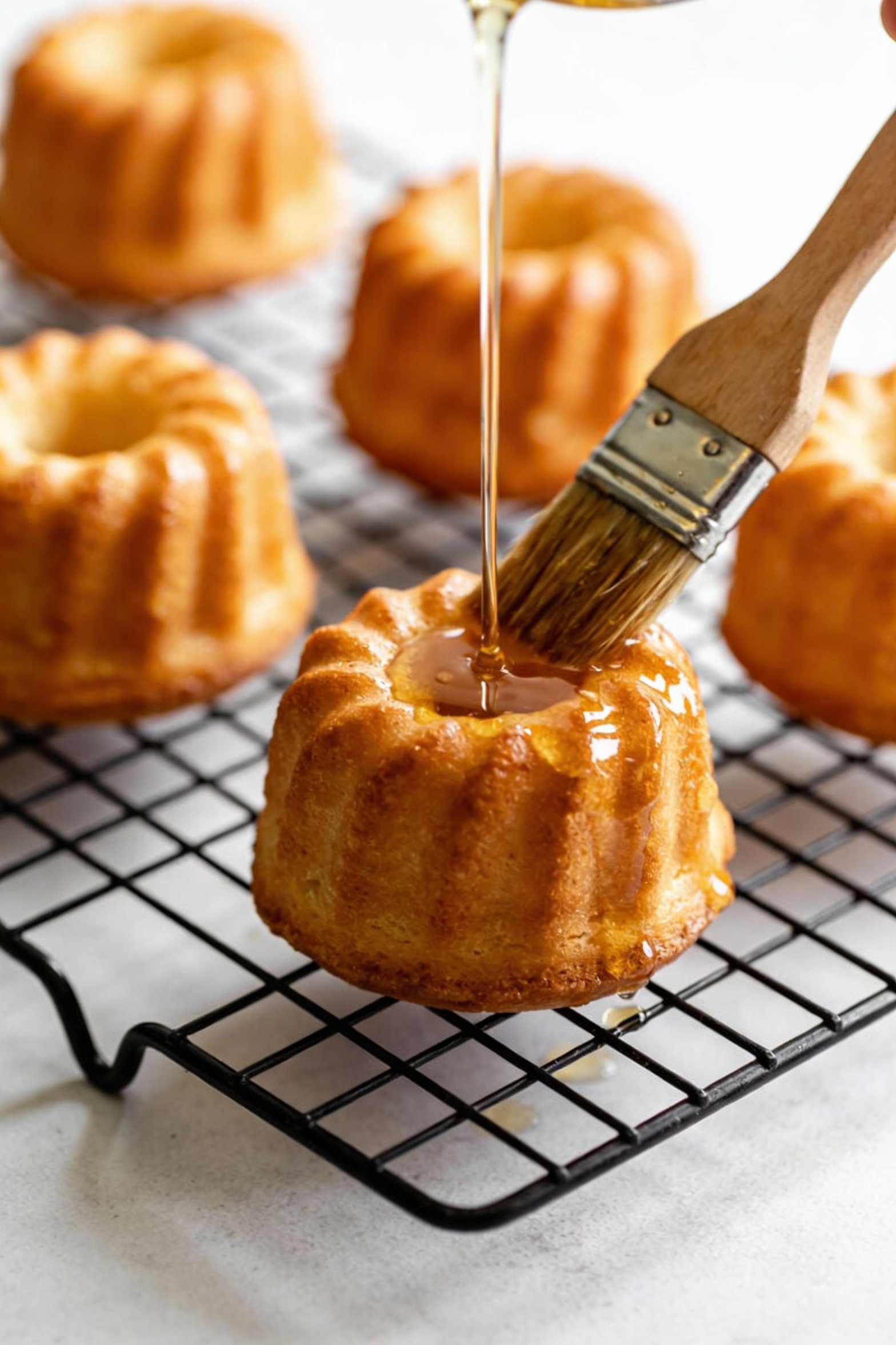 Cooking process shot of warm mini Bundt cakes on a rack being brushed with clear simple syrup, syrup sheen catching ligh