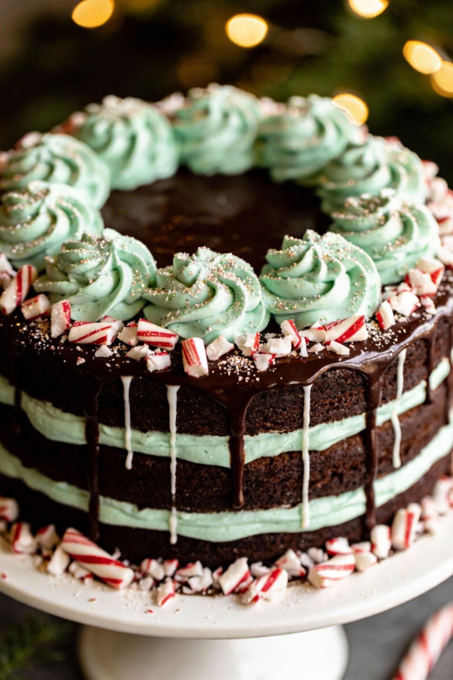 Final dish presentation of a tall chocolate peppermint layer cake on a white cake stand, thick swirls of peppermint butt