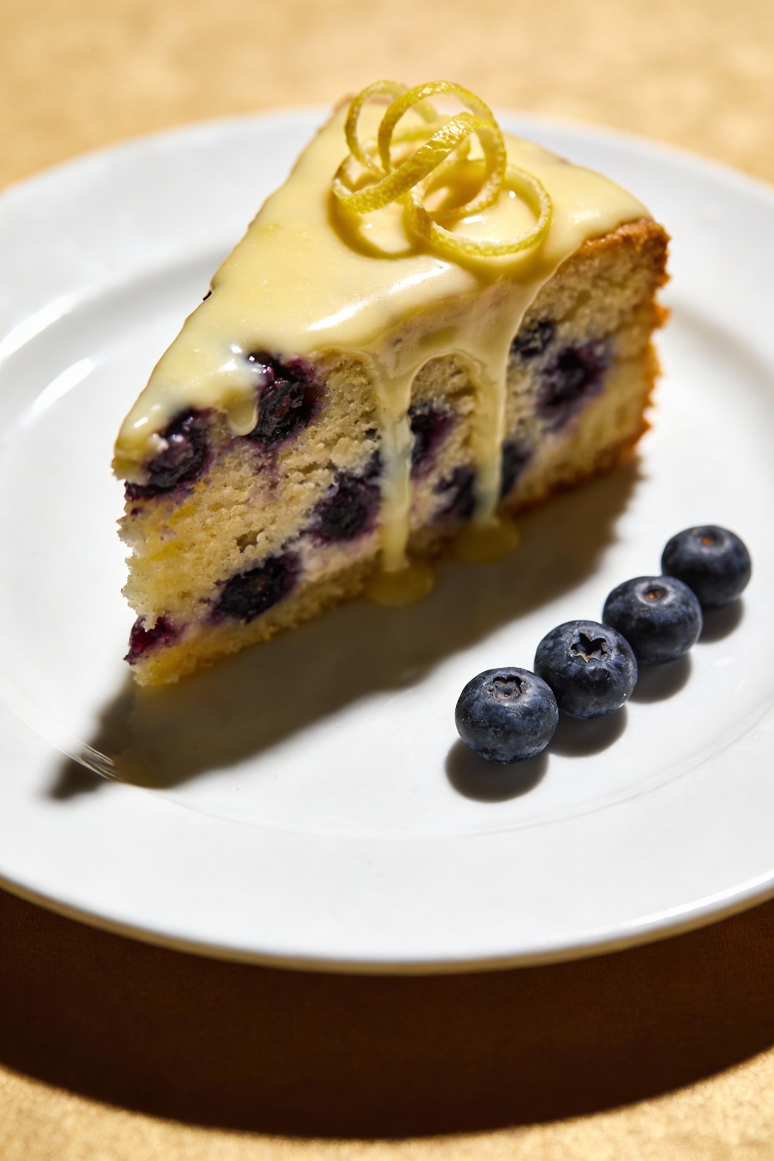 Final dish presentation: a neat wedge of blueberry cake plated on a white dessert plate with a smooth lemon glaze drizzl