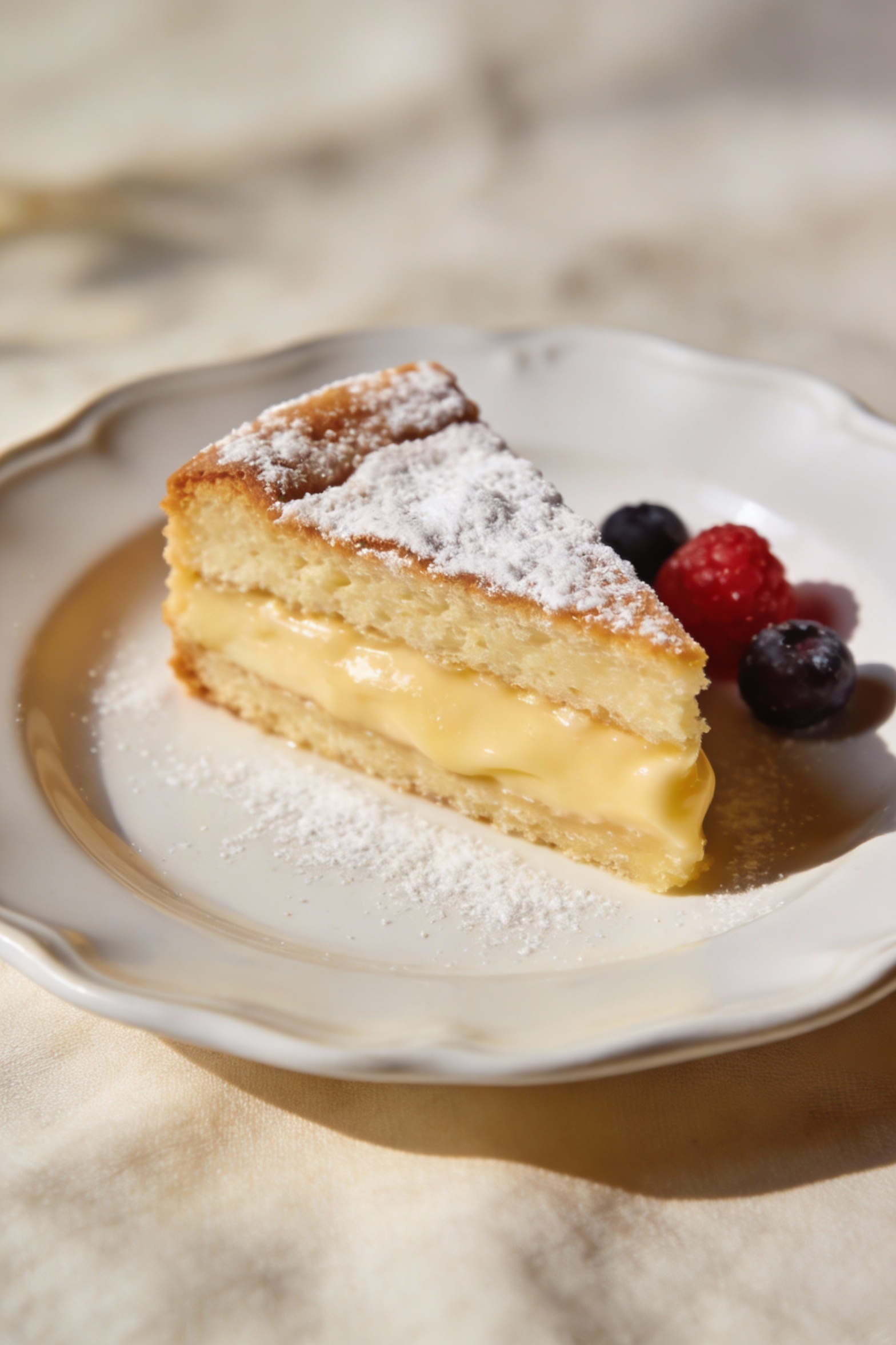 Final plated dish: a clean slice of custard cake showing distinct layers—plush vanilla cake over silky custard—dusting o