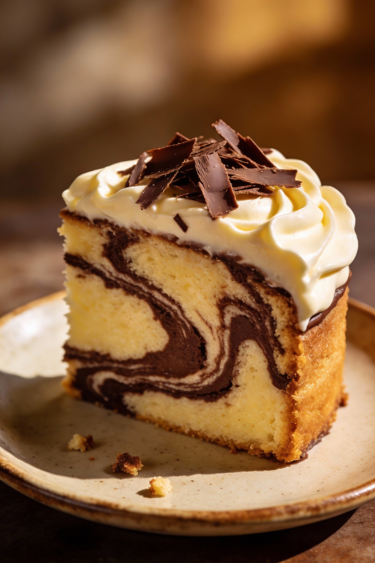 4. Final presentation of a bakery-style marble cake: vanilla cake slice showing dramatic chocolate ganache swirl, clean 