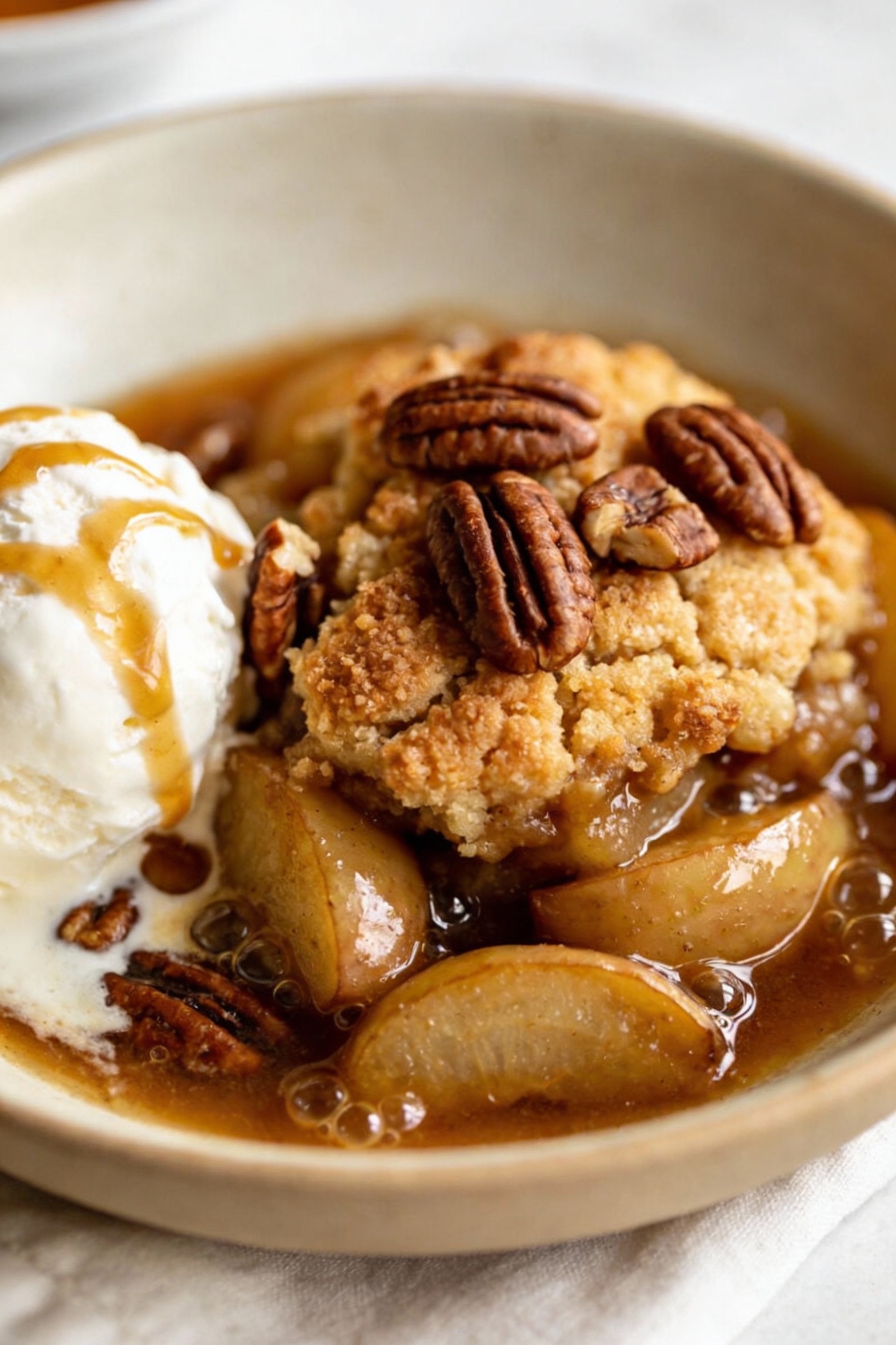 Final plated dish of caramel pecan dump-style cobbler served warm in a shallow bowl with a scoop of vanilla ice cream, b
