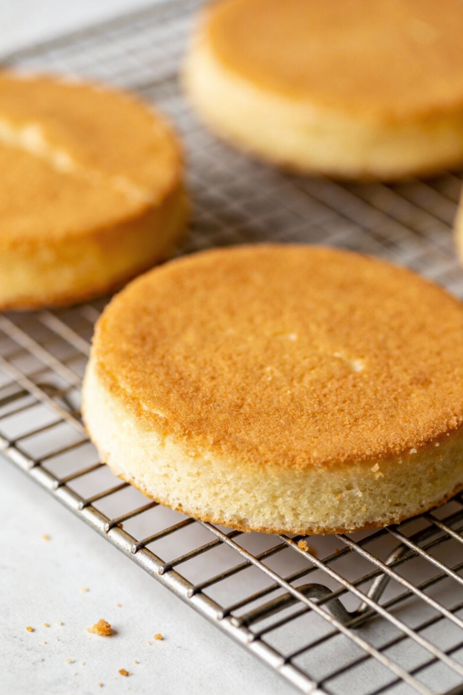 Close-up detail of baked vanilla cake layers cooling on a wire rack, flat golden tops with slight springy texture and cl