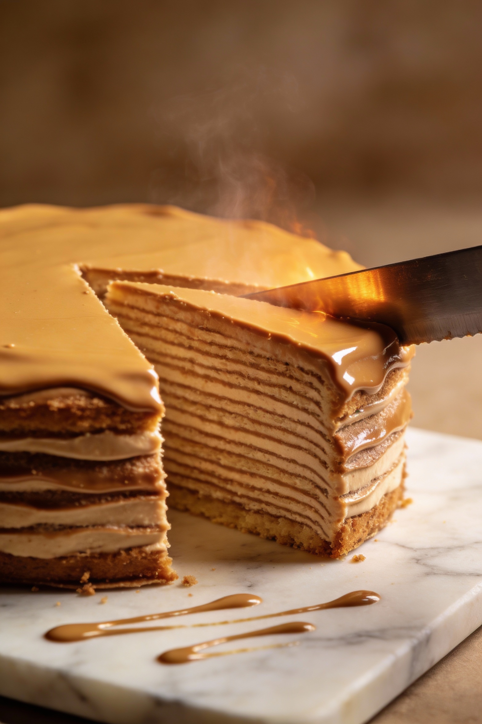 4. Cooking process close-up of a cleanly sliced cake revealing neat layers after the warm-knife technique—sharp edges, g