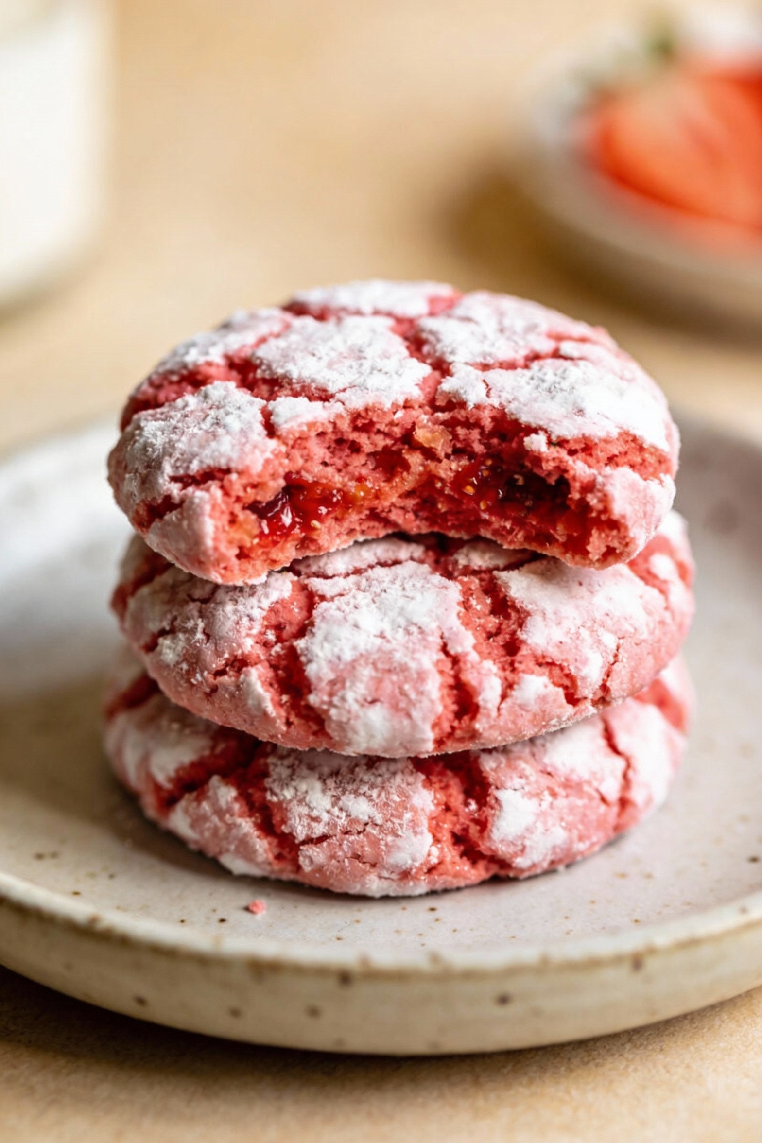 4. Close-up detail of strawberry crinkle cookies stacked on a ceramic plate, dramatic powdered sugar crackle pattern ove