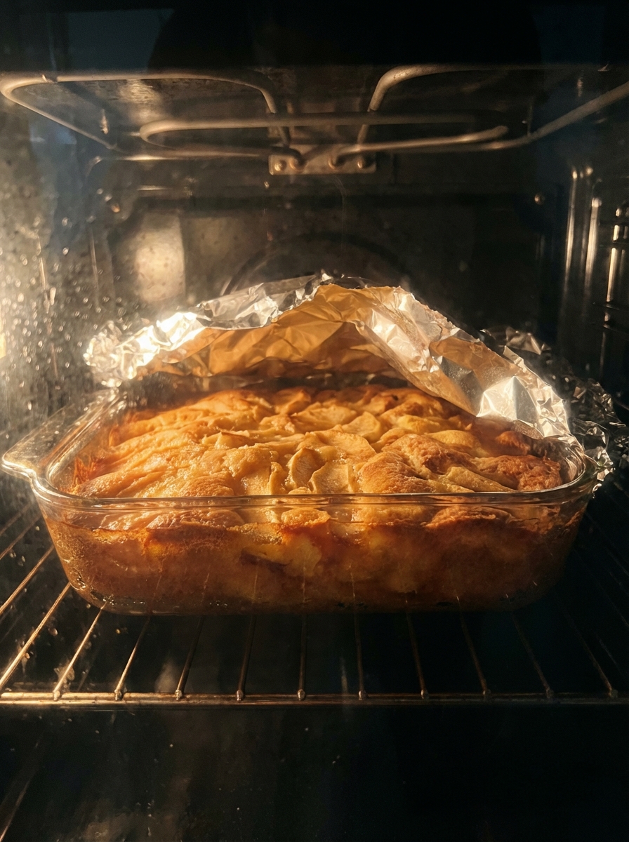 4. Cooking process: baked apple cake in the oven with a loose foil tent over the top to prevent over-browning, golden cr