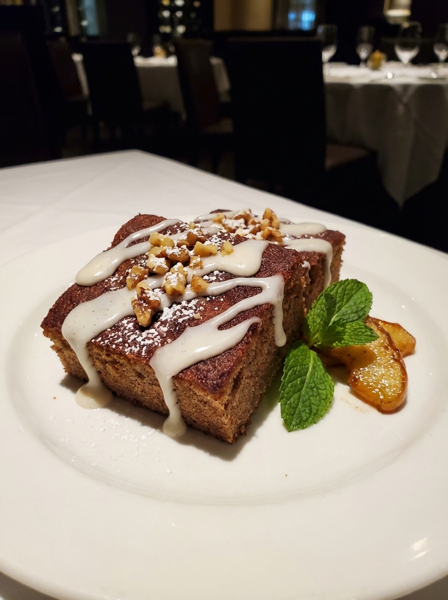 5. Final presentation: apple cake squares plated with a thick vanilla glaze drizzle set on top, glossy white lines contr